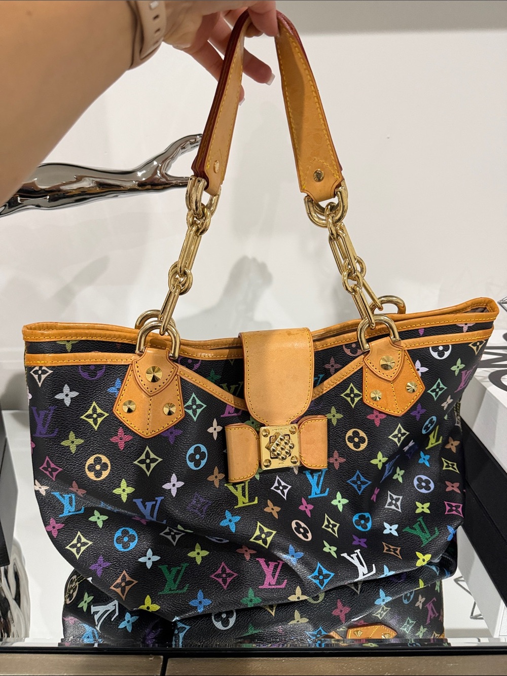 Multicolor Monogram Tote Bag with Tan Leather Trim